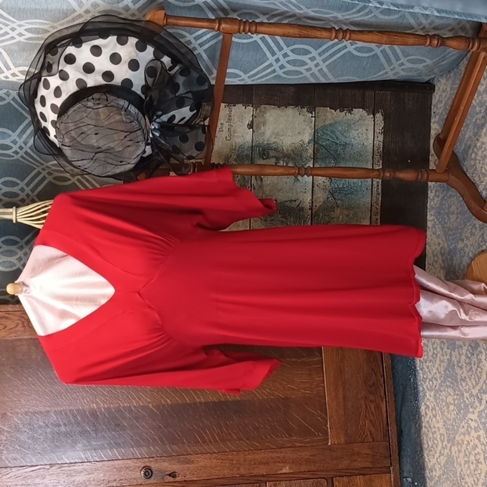 L54 Red Empire Waist Fit & Flare V Neck Cape Sleeve Sweater dress 1X